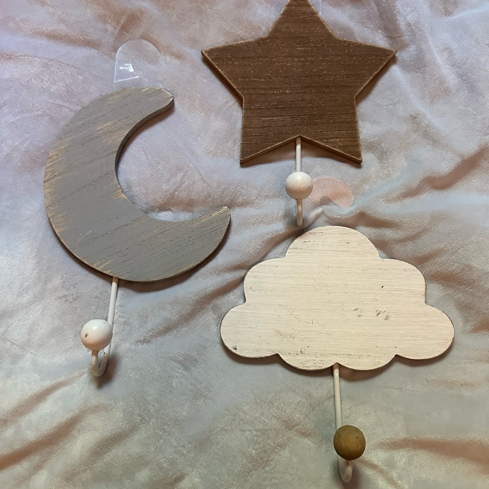 Wooden Star, Moon, and Cloud Wall Hooks